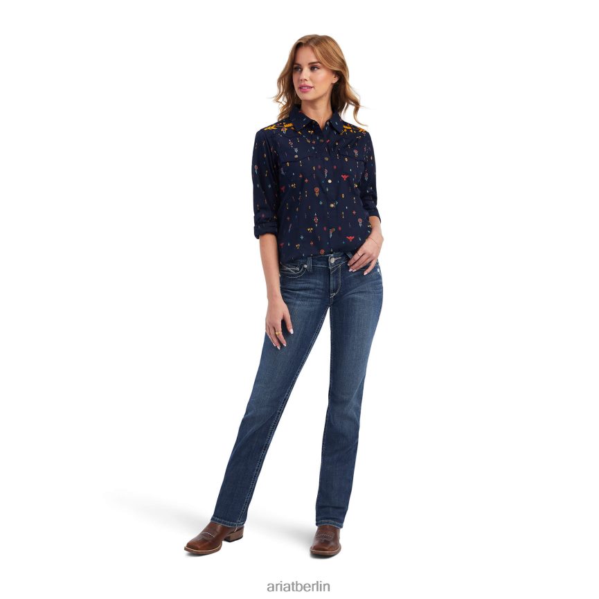 Ariat echtes Dakota-Snap-Shirt Frauen P4JJPR3136 marineblauer Mehrdruck Spitzen