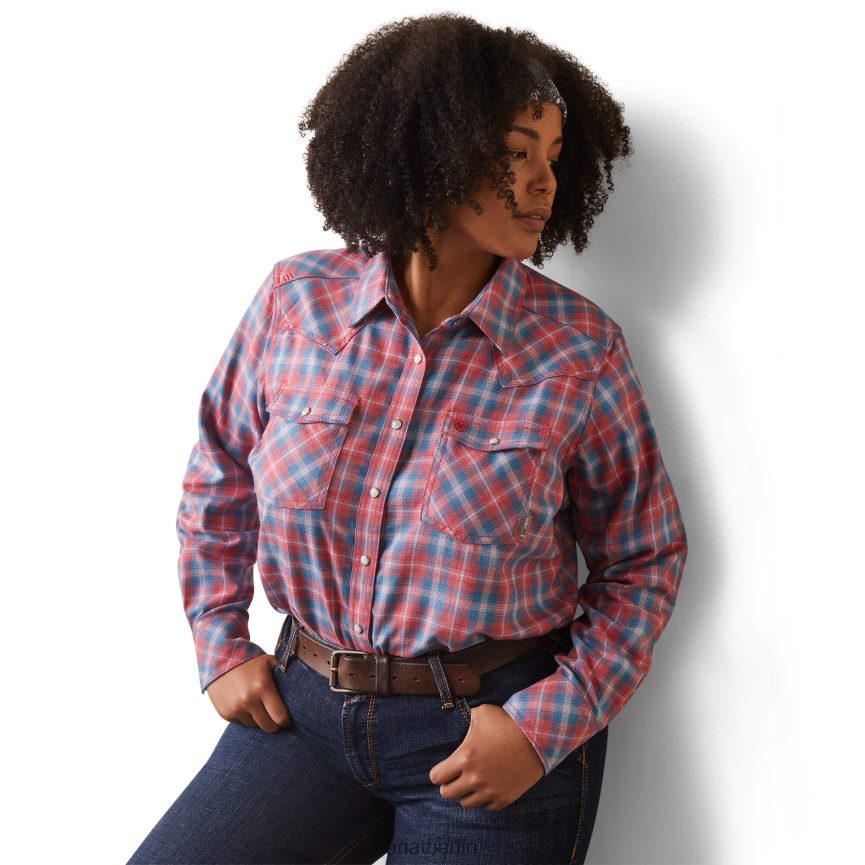 Ariat fr classen Retro-Fit-Arbeitshemd mit Druckknöpfen Frauen P4JJPR3111 sonnengeküsstes korallenrotes Plaid Spitzen