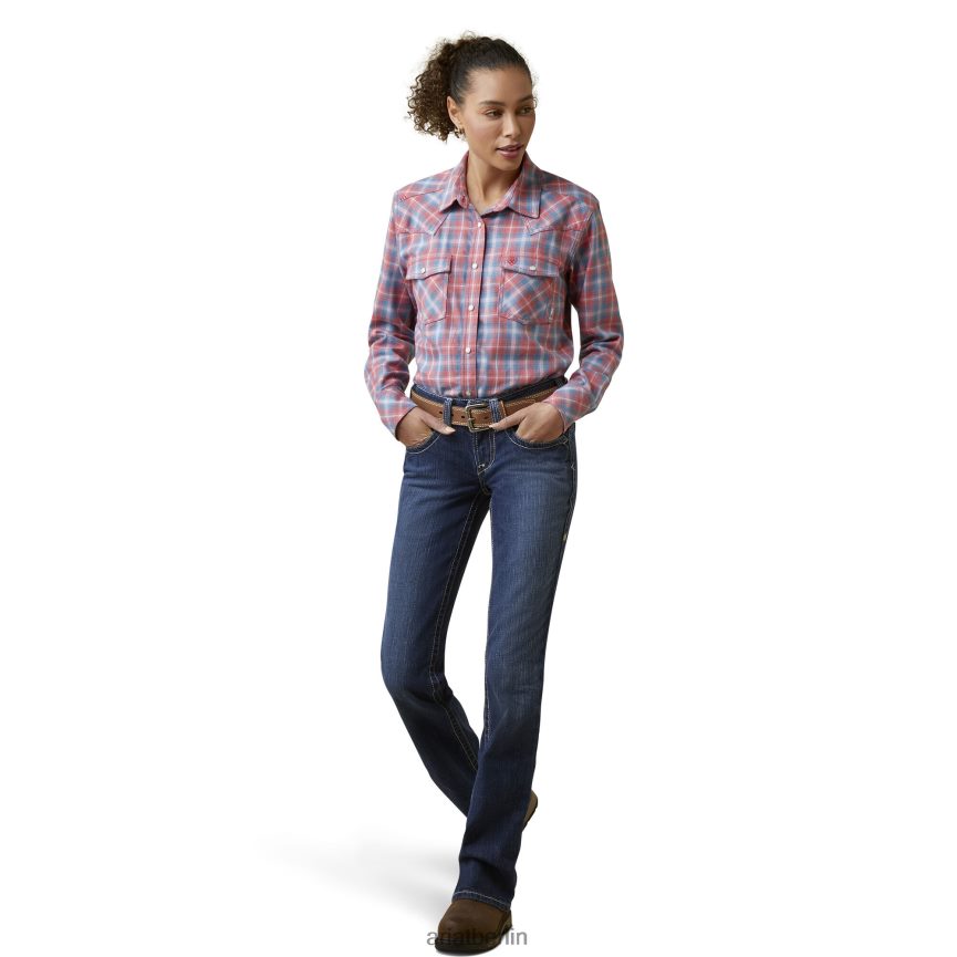 Ariat fr classen Retro-Fit-Arbeitshemd mit Druckknöpfen Frauen P4JJPR3111 sonnengeküsstes korallenrotes Plaid Spitzen