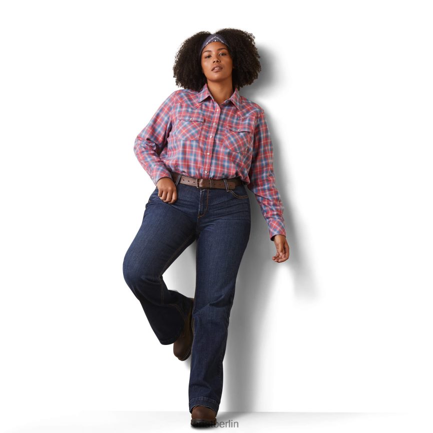 Ariat fr classen Retro-Fit-Arbeitshemd mit Druckknöpfen Frauen P4JJPR3111 sonnengeküsstes korallenrotes Plaid Spitzen