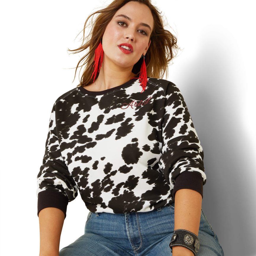 Ariat Echtleder-Sweatshirt mit Rundhalsausschnitt Frauen P4JJPR3330 Holsteiner Kuh-Aufdruck Spitzen