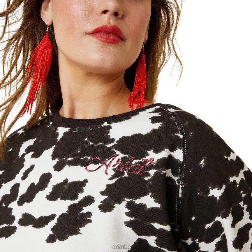 Ariat Echtleder-Sweatshirt mit Rundhalsausschnitt Frauen P4JJPR3330 Holsteiner Kuh-Aufdruck Spitzen