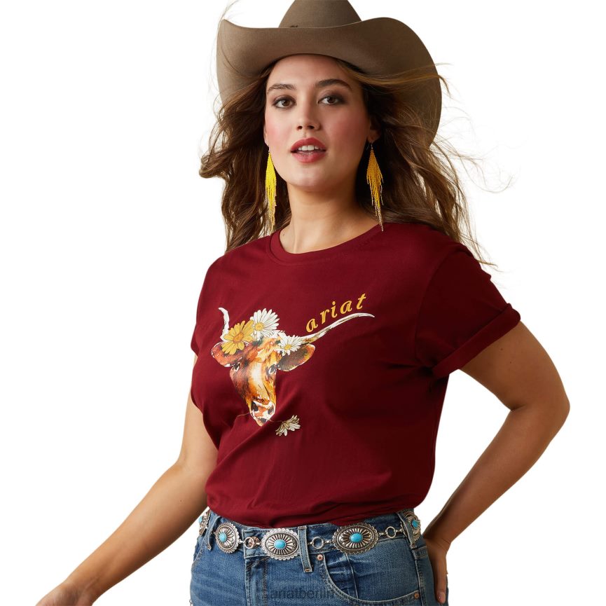Ariat echtes Daisy-Steer-T-Shirt Frauen P4JJPR2814 Granatapfel Spitzen