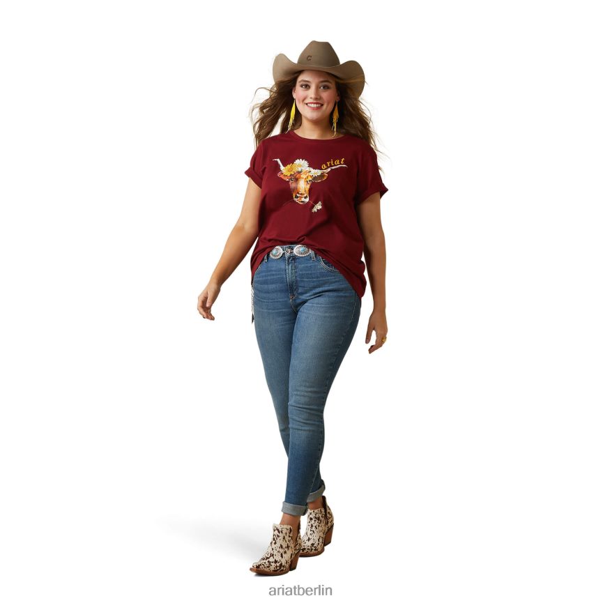 Ariat echtes Daisy-Steer-T-Shirt Frauen P4JJPR2814 Granatapfel Spitzen