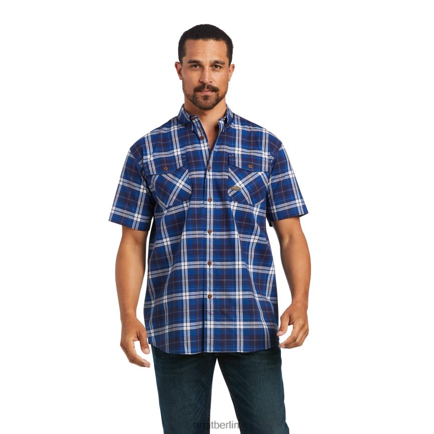 Ariat Bewehrungsstahl-Arbeitshemd aus robustem Durastretch Männer P4JJPR1139 marineblau kariert Spitzen