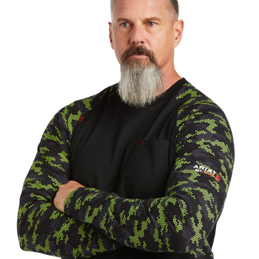 Ariat FR AC Stretch-Camouflage-Baseball-T-Shirt Männer P4JJPR799 Schwarz/Limettentarn Spitzen